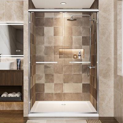 Porte de douche coulissante double en aluminium l 48 po x H 72 po, verre trempé transparent de 1/4 po (6 mm) avec film résistant, deux poignées en acier inoxydable, réversible et facile à installer pour le cadre de la porte de la salle de bain, brise