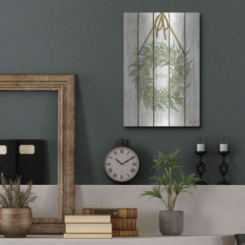 «Gather Wreath on Wood Panels» par Cindy Jacobs, art mural en métal, H 16 po x l 12 po