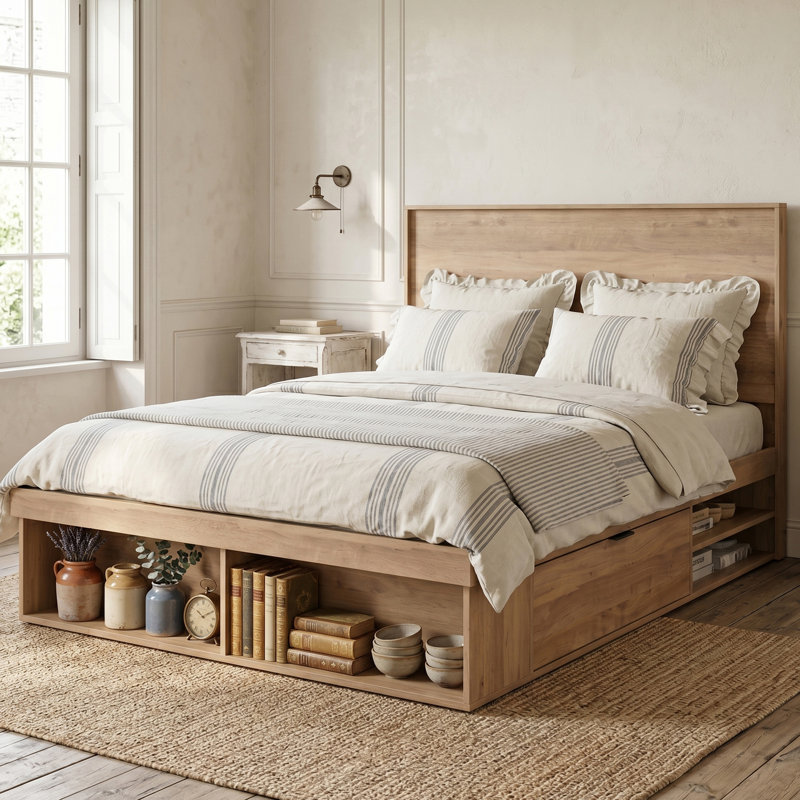 Farmhouse Full Storage Platform Bed Frame with Drop-Down Side Cabinets & Open Cubbies, 45" Wood-Grain Headboard, No Box Spring Needed, Pale Oak