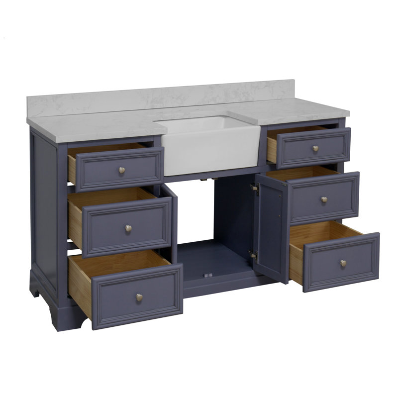 Ensemble de meuble-lavabo simple 60 po Emiliano, Gris poudre, Carrara d'ingénierie