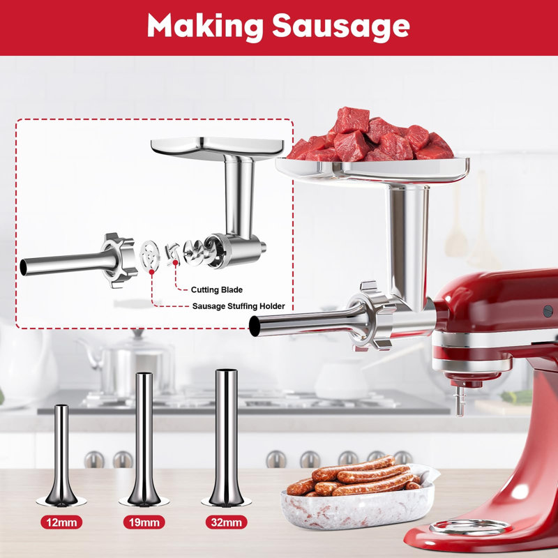 Gvode Meat Grinder Attachment, Compatible with KitchenAid®, 4 Plates, 3 Sausage Tubes & 2 Blades