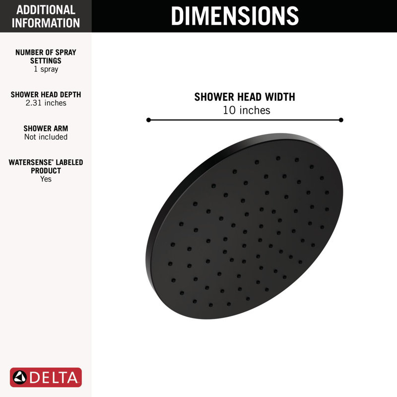 Rain Shower Head, 10 Inch Metal Large Rainfall Shower Head 1.75 GPM Matte Black, 1.75 GPM, Matte Black