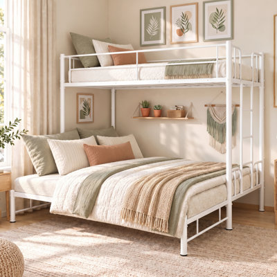 Twin Over King Metal Bunk Bed Frame with Safety Guardrail, Metal Pull-Out Bunk Bed Frame with Built-in Ladder, No Box Spring Needed, Extendable Beds for Kids/Teen/Adults, Bedroom, Dorm