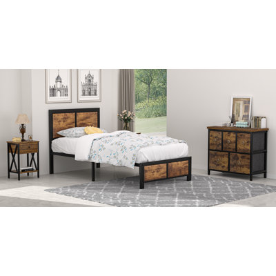 Ensemble de chambre à coucher en bois Cadre de lit en bois, commode 5 tiroirs, ensemble de table de chevet