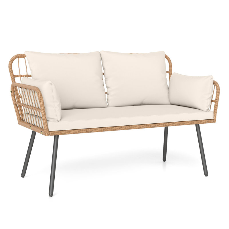 Patio Wicker Loveseat Furniture with Seat Back Cushions, Heavy-Duty Metal Legs Off-White, White