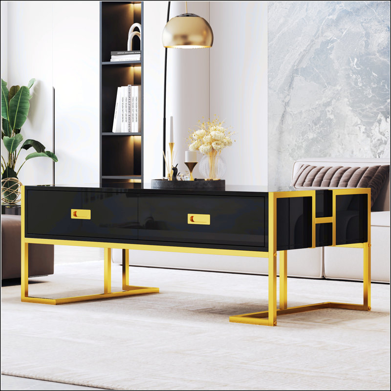 Table basse moderne noire moderne avec 4 tiroirs et base dorée, Noir