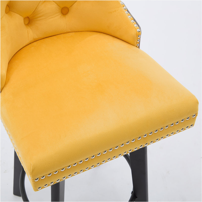 Modern  Swivel Bar Stools Velvet Barstools Button Tufted Bar Stools Rivet Trim Bar Stools for Kitchen Island,Bistro, with Metal Pull Ring Sturdy Footrest Large Backrest for Home Bar