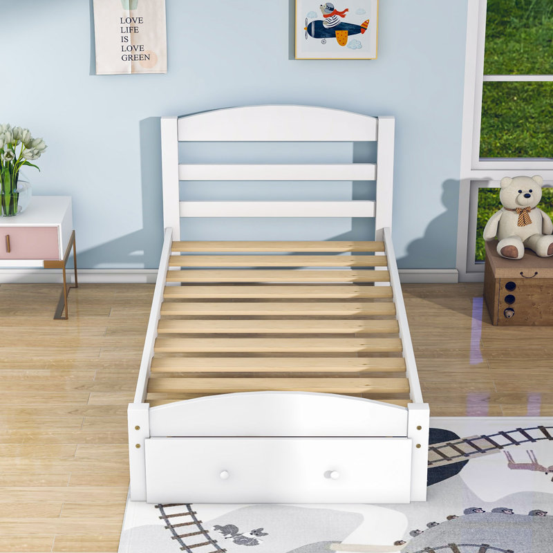 Twin Size Platform Bed Frame with Storage Drawer, White