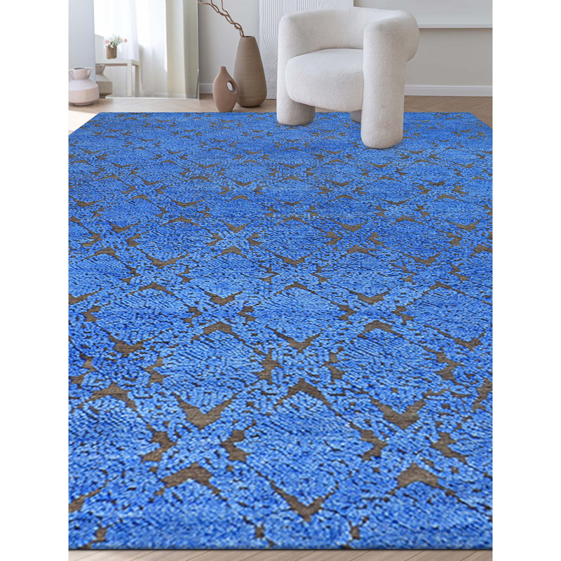 Wool Moroccan Area Rug in Blue, Rectangle 8' x 10'
