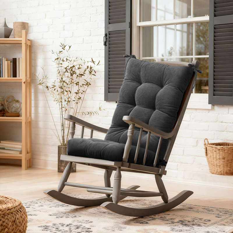 Double Fixation Non-Slip Rocking Chair Cushion Set - High Rebound Sponge Filled Corduroy/Cross Flower Seat & Back Pad for Study, Bedroom & Porch (Black)