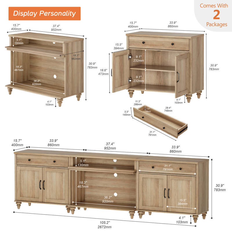 Sideboard Cabinet With 2 Drawers, 4 Doors And 2 Open Shelves, Vintage Wood Grain Design, Buffet Cabinet With 8 Storages, Coffee Bar For Dinning Room, Kitchen, And Living Room, Oak, 105 Inch