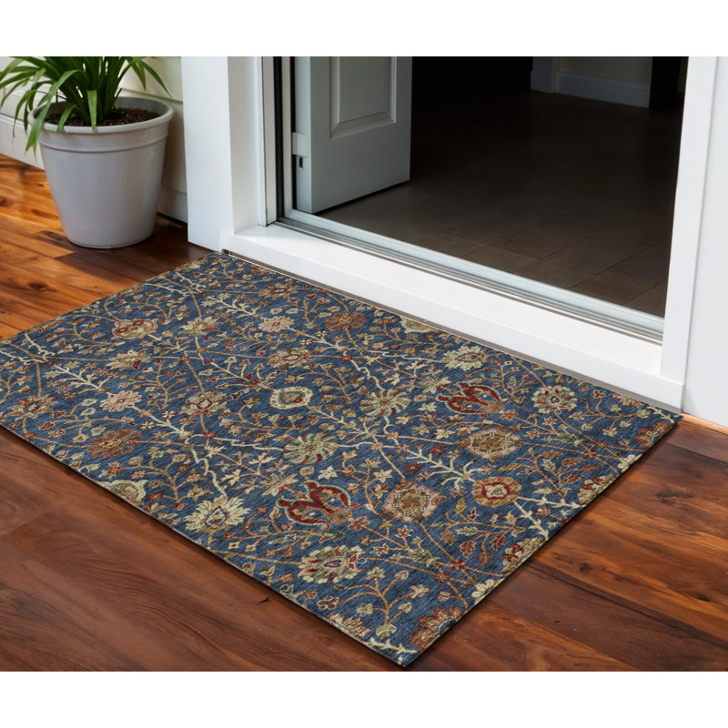 3' X 5' Navy Blue Brown And Red Floral Washable Indoor Outdoor Area Rug