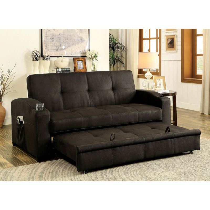 Futon transitionnel à boutons brun foncé avec porte-gobelets intégrés pour lit.