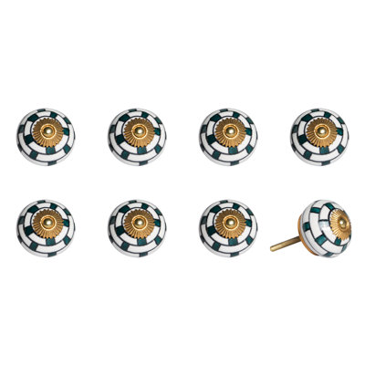 Set of Eight Green White And Gold Geometric Ceramic Drawer Pull Knobs