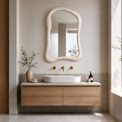 35.6" Irregular Wall Mirror with Asymmetrical Travertine Finish