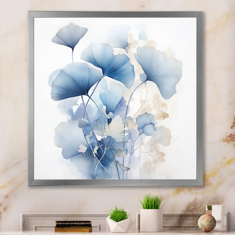 Délicates feuilles de ginko bleu sur aquarelle blanche sur toile, H 30 po x l 30 po x P 1 po, Cadre simple argenté