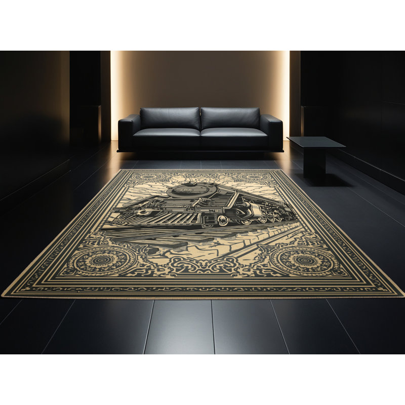 Machine Washable Vehicles And Transportation Armored Train Vintage Oriental Rug in Brown – Beige Binding, 2x4