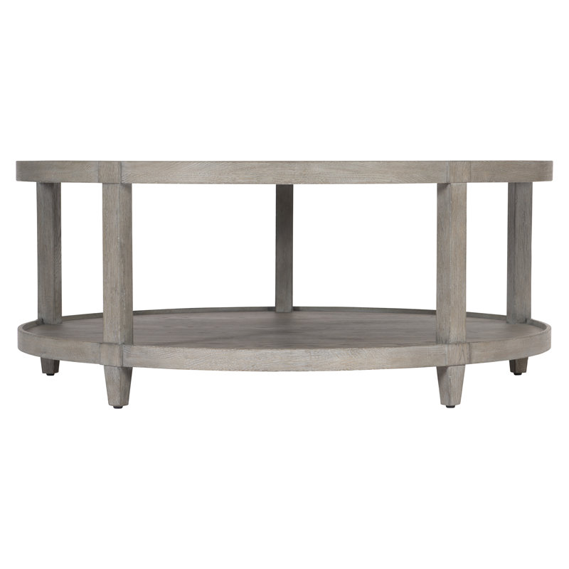 Transitional Cerused Oak Round Coffee Table with Storage in Pewter Gray