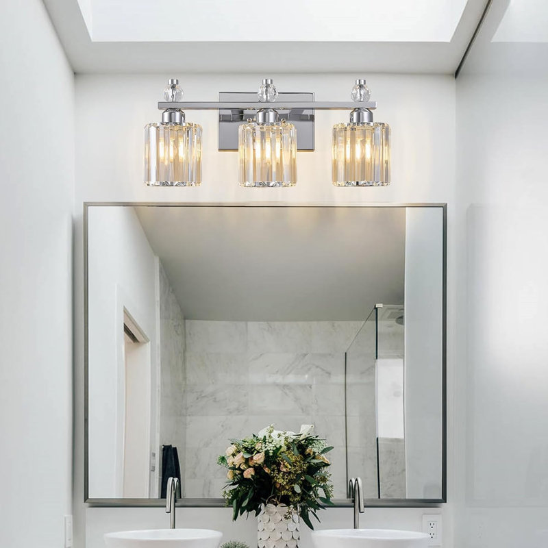 Luminaire de salle de bain moderne à 3 lumières avec abat-jour en cristal et à intensité variable pour une installation au-dessus d'un miroir