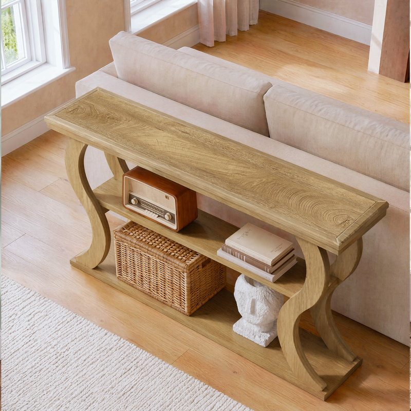 Console de 55 po avec tablettes de rangement, table d'entrée de style campagne moderne, tables de canapé en bois derrière le canapé avec cadre incurvé pour le couloir, entrée