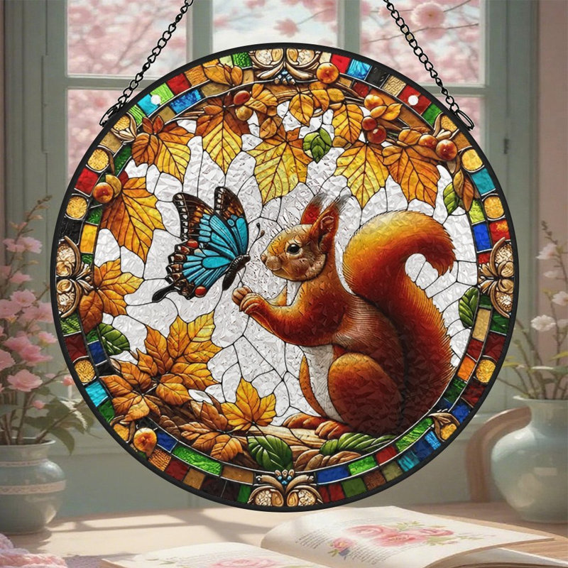 Panneaux de vitrail attrape-soleil écureuil et papillon pour la décoration de fenêtre, 7,8 x 7,8 po (20 x 20 cm)