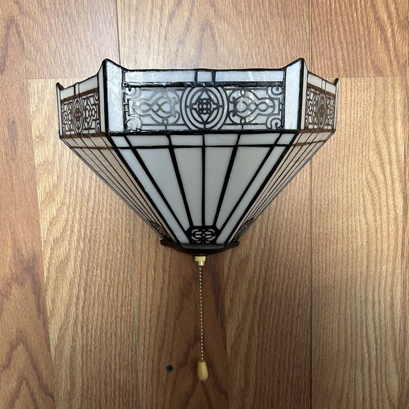 Tiffany Sconces Half Moon White Stained Glass Pull Chain Switch LED Bulb Included 12"W*6"D*7"H