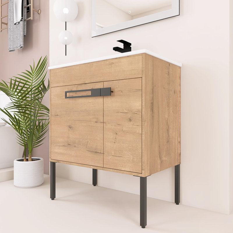 Ensemble de meuble-lavabo simple 30,03 po avec plateau en céramique Trisity, Brun