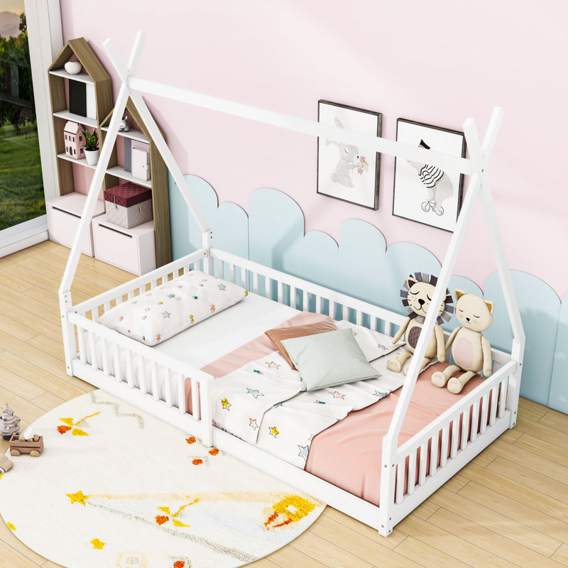 Twin Wood House Bed With Fence