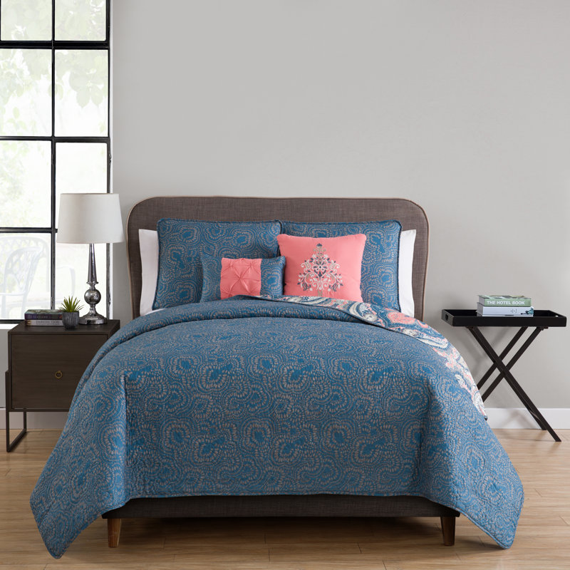Casablanca Bohemian Standard Damask Quilt, Full/DoubleQuilt+2 Standard Sham+2 Throw Pillow, Coral Navy Blue Gray