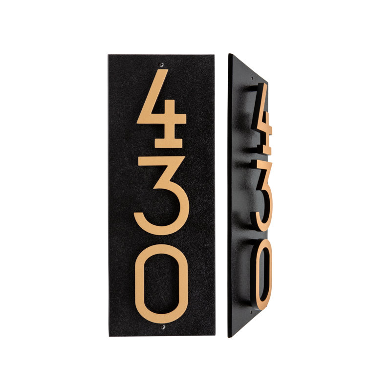 Floating 3-Number Vertical Sign, Black /w/ Black / Gold Modern Font Numbers, Yes