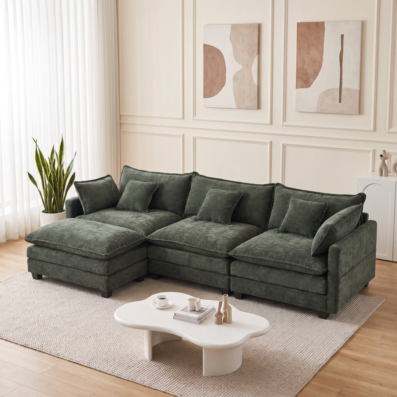 Canapé d'angle modulaire en chenille de 108 pouces avec pouf, canapé en L à assise profonde avec poches latérales et 5 coussins