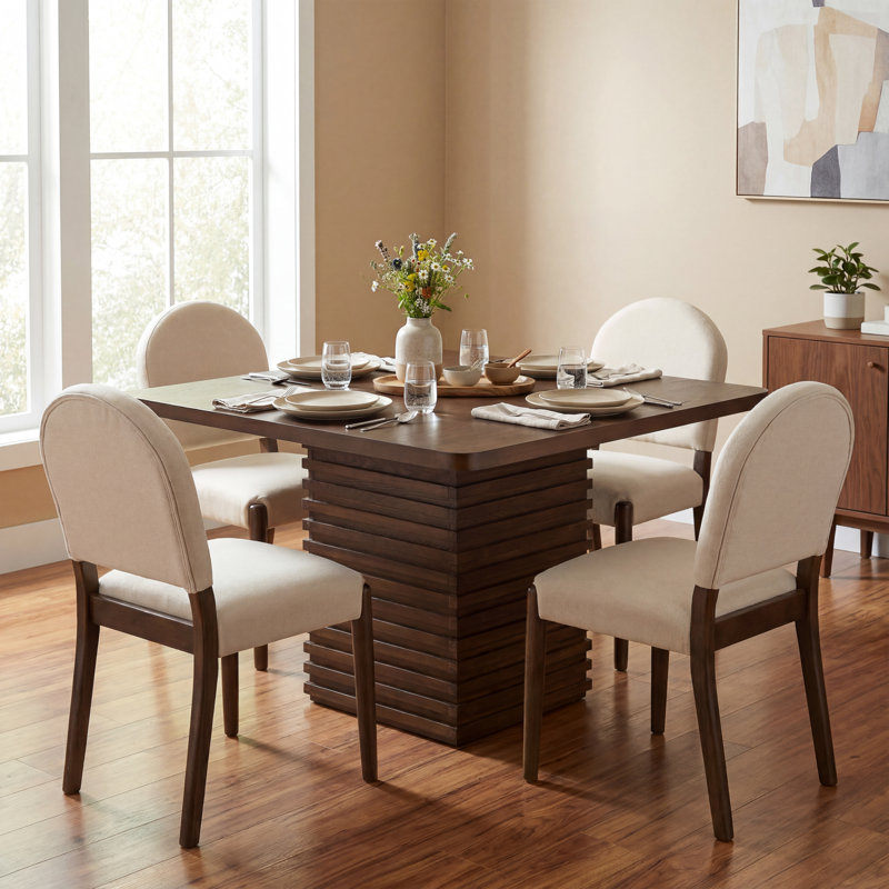 Ensemble de salle à manger moderne 5 pièces pour 5 personnes avec table cannelée et chaises en bois d'hévéa Ellis, Noyer