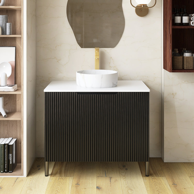 Meuble-lavabo autoportant de 30 po avec plateau en marbre et armoire, Noir