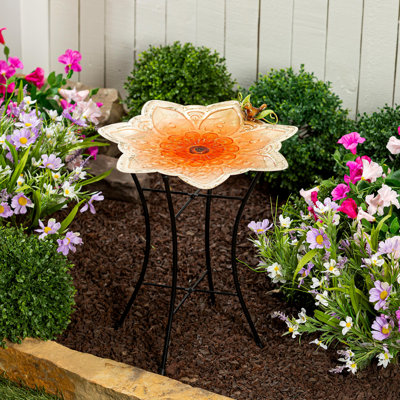 17.5"D Metal Bird Bath with Stand, Pink Flower & Bird