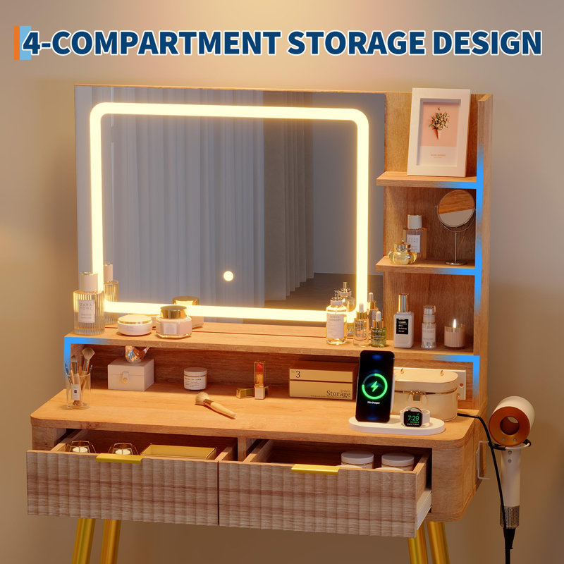 Dressing Table with Mirror, Brown/Yellow