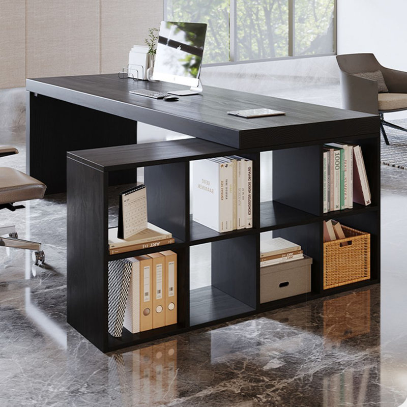 Bureau de direction en bois massif noir en forme de L, Oui, 29,53 po H * 78,74 po L * 55,12 po P