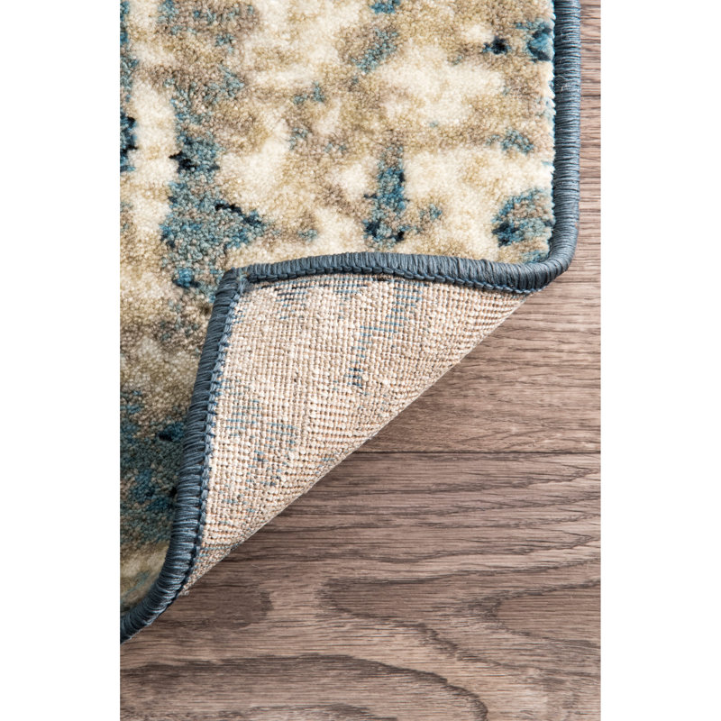 Tapis performance bleu à motif abstrait rétro tissé à la machine Kazu, Rectangle 7 pi 10 po x 11 pi 2 po