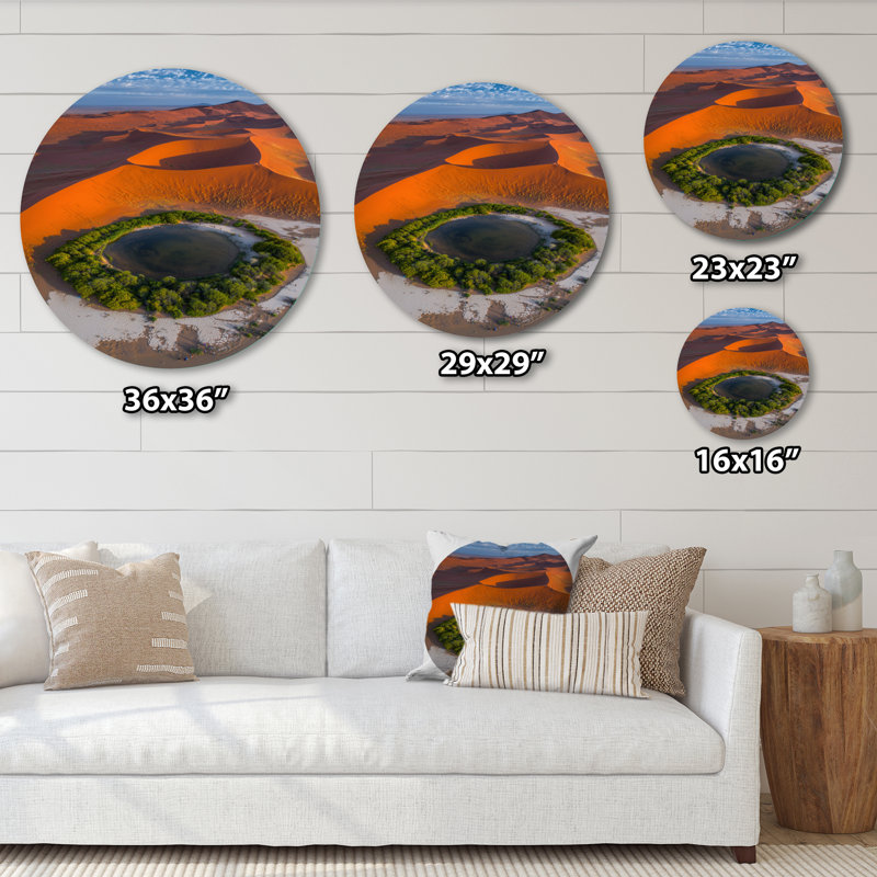 Une photo aérienne du désert du Sahara Oasis II - art mural en métal vert global, impression ronde du désert