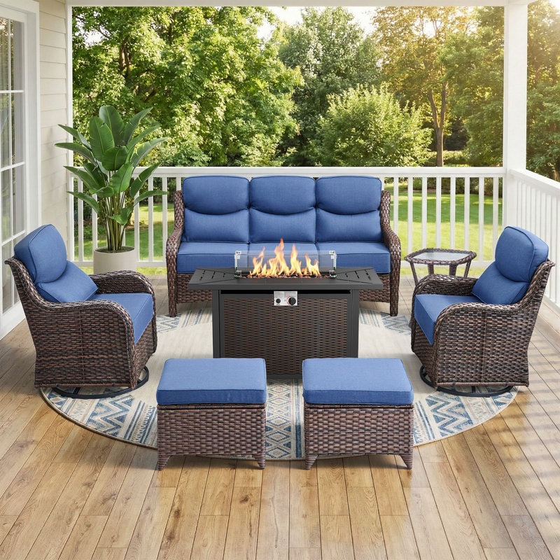 Abbey 7-Piece Wicker Patio Conversation Set With Fire Pit Table & 6-Inch Luxury Cushions Swivel Chairs, Side Table, Blue