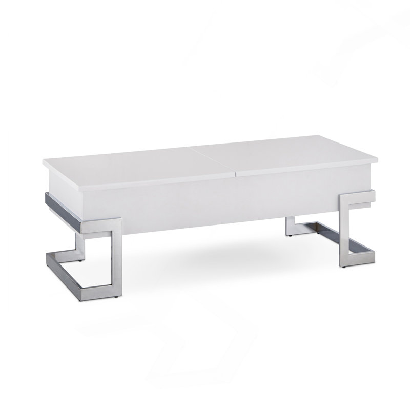 Table basse blanche ultrabrillante et chromée avec plateau relevable., Blanc