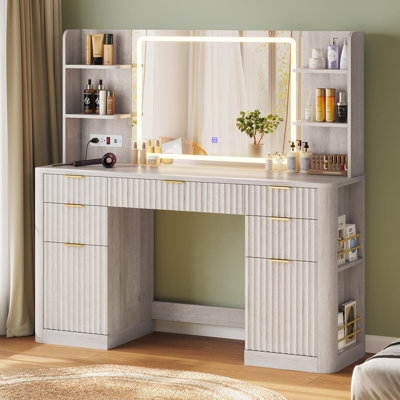 Meuble-lavabo cannelé avec grand miroir et lumières, coiffeuse avec multiprise, 6 tablettes ouvertes, 2 armoires, 5 tiroirs, coiffeuse moderne pour la chambre