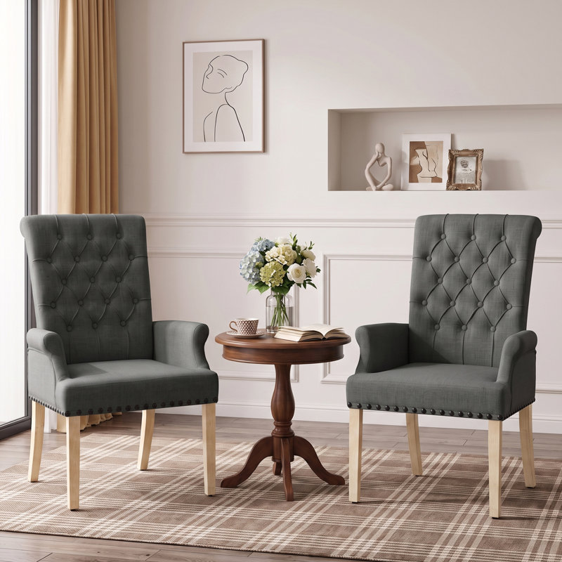 Chaise de salle à manger Amdad capitonnée en tissu avec pieds massifs, Gris foncé, Natural