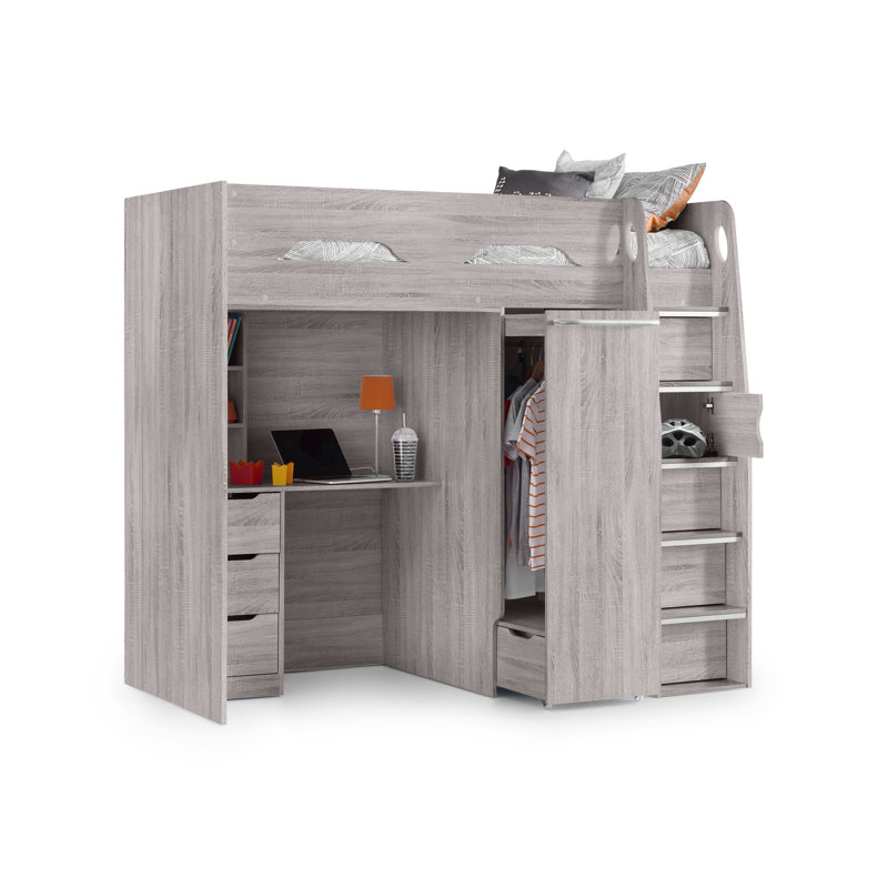Lilianna Single (3') 4 Drawer Bed Frames High Sleeper Loft Bed with Built-in-Desk, Grey Oak