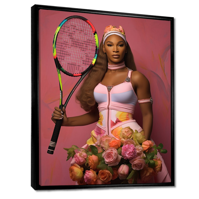 Serene avec roses roses et raquette de tennis, Cadre flottant noir, H 20 po x l 12 po x P 1 po