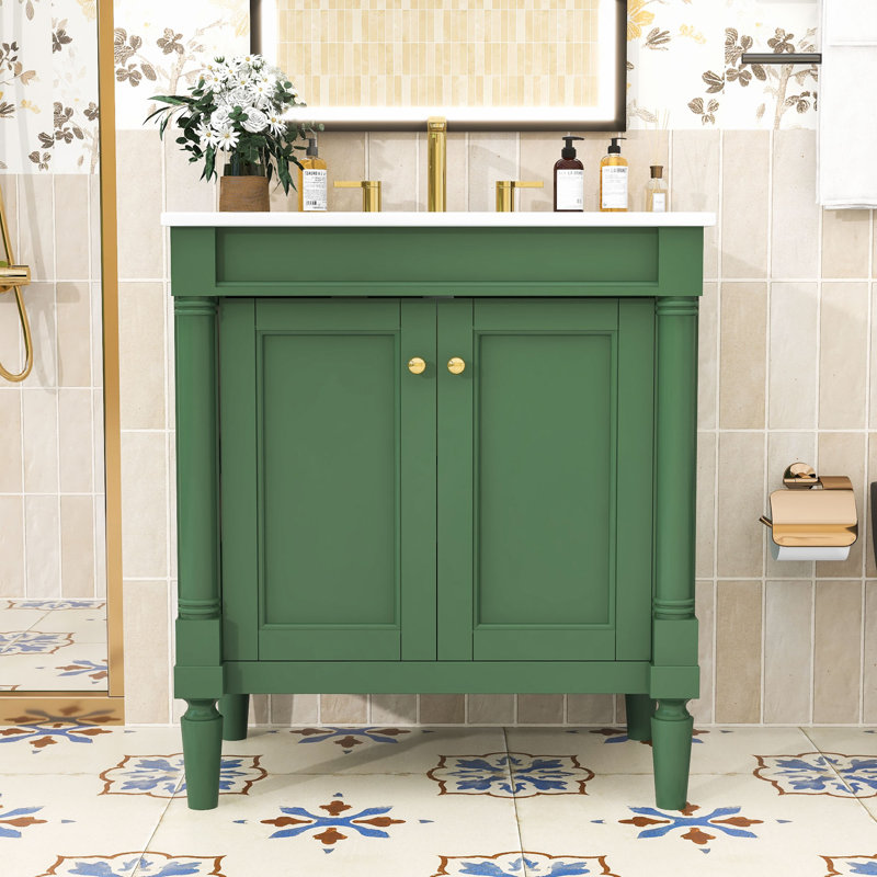 Meuble-lavabo de 30 po avec lavabo en céramique, tablette réglable, portes à fermeture en douceur et armoire de rangement