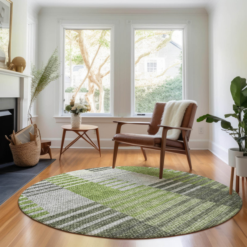 Premium Machine Washable Prisco Green Rug, Round 8'