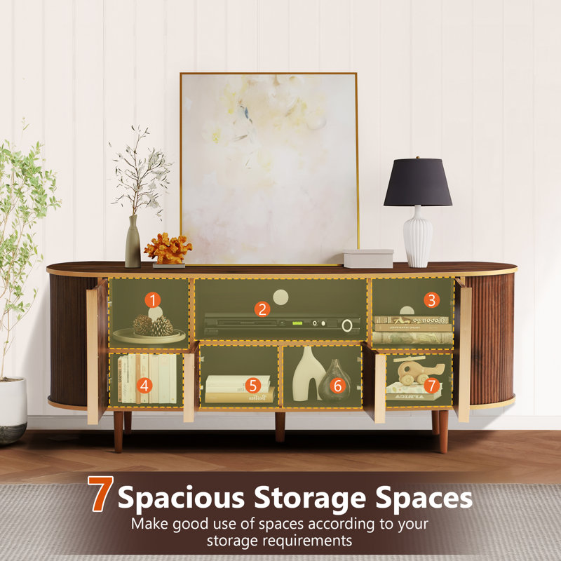 63" Tv Stands Console, Fluted Modern Mid Century Entertainment Center Console For 55/60/65/70/75 Inches Tvs, Curved Tv Stand With Open Storage & Adjustable Shelves For Living Room, Bedroom