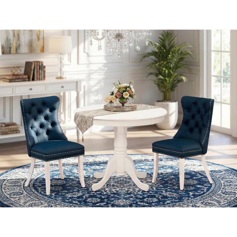3 Piece Dining Room Set Consists of a Round Kitchen Table with Pedestal and 2 Padded Chairs, linen white, Navy/White