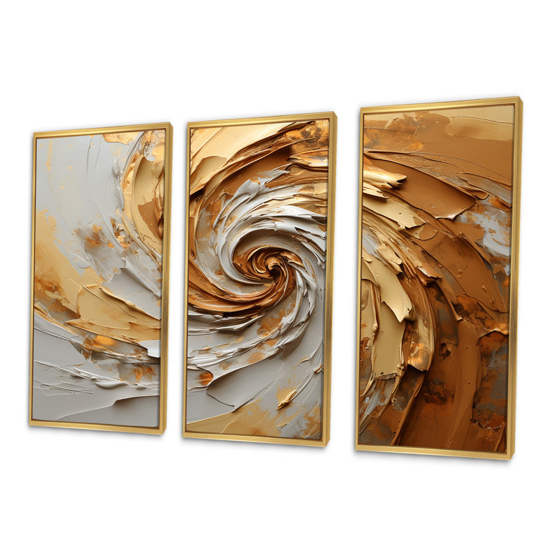 Brun doré, spirale moka I - ensemble d'art mural spirales abstraites, Cadre flottant doré, H 32 po x l 48 po x P 1 po
