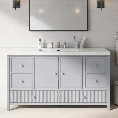 Meuble-lavabo de 60 po avec lavabo séparé, rangement spacieux, portes à fermeture douce et 4 tiroirs pour les salles de bain modernes